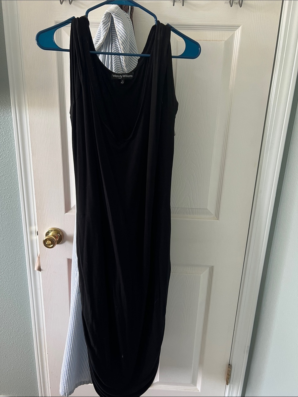 Wendy Williams Black Maxi Dress with Draped Neckline